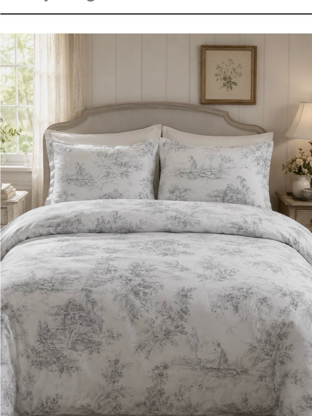 Cabbages & Roses Toile Cal King - Pale beige on White sheet set.